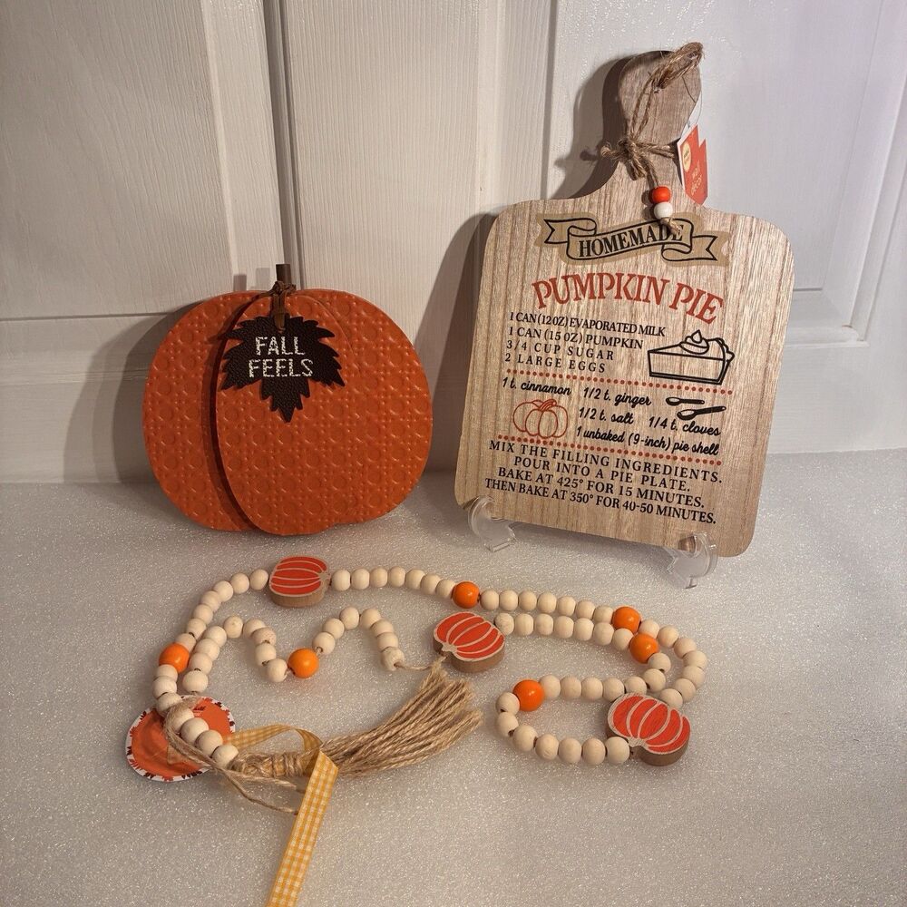 Fall 3 Piece Set Pumpkin Pie Recipe, Wood Orange Pumpkin Beaded Swag Table Decor